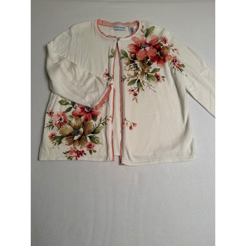 Alfred Dunner Floral Sequin Cardigan Cream Pink Cotton Knit Sweater Large